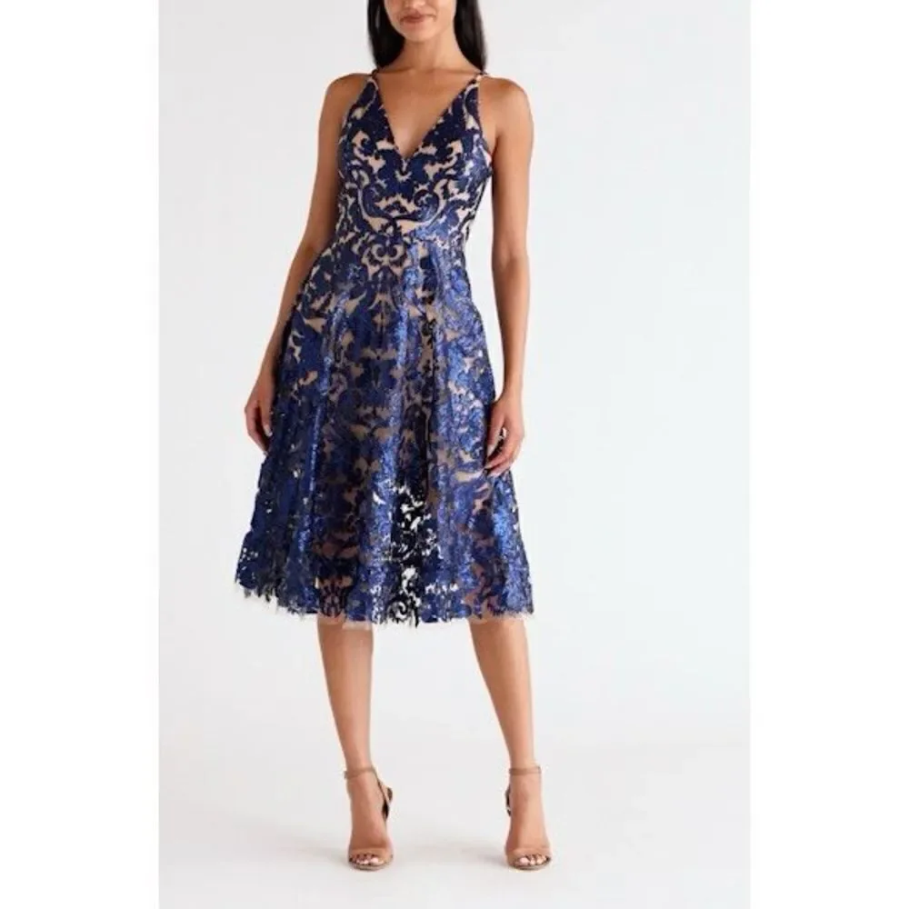 Dress The Population Women's Blair Embellished Fit & Flare Dress Black/Nude XS‎ - Picture 3 of 15